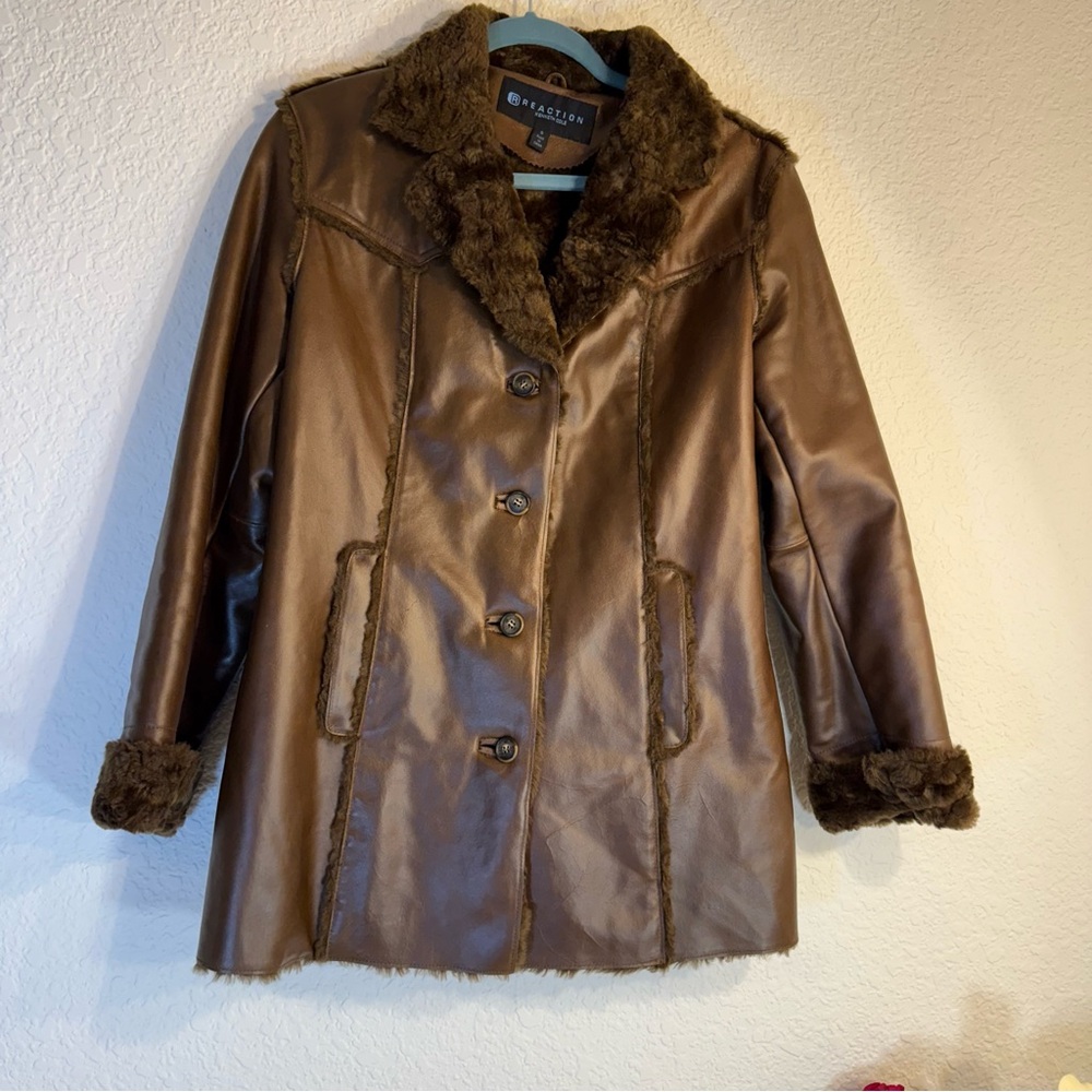 Kenneth‎ Cole Reaction Urban 70’s Style Leather Women’s Coat. Size S, Brown.